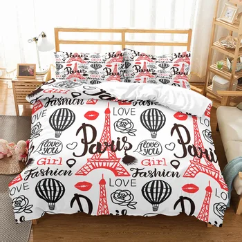 

Love Paris Girls Duvet Cover Set France Tower Balloon White Bedding Set 2/3 Piece Single Double Full Queen Size for Teens Adult