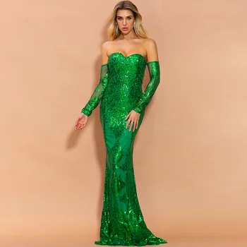 

2021 New Abiye Gece Elbisesi Shiny Sequins Green Prom Dresses Long Off the Shoulder Sleeves Pageant Formal Gown Vestidos De Gala