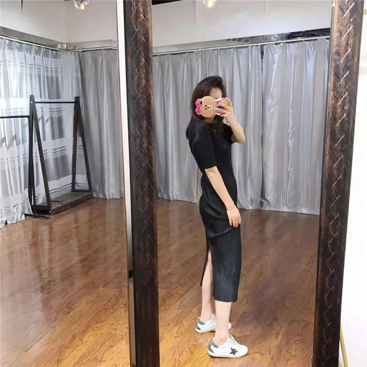 Miyake летние новые женские с высокой талией тонкие с круглым вырезом Плиссированные Модные платья с коротким рукавом