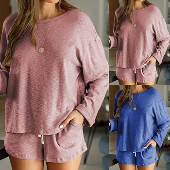 

Leisure Wear For Women Loose Shirt With Shorts Set Plain Color O-Neck Home Casual Sleepwear Plus Size Loose Pyjamas Mujer