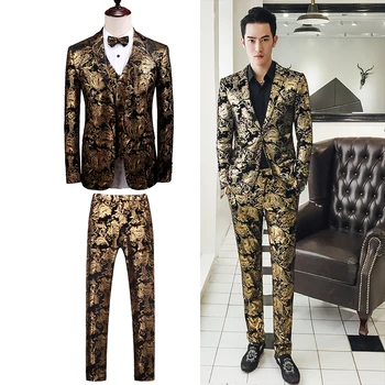 

Individual Golden Flower Suit, Film Building, Big Size Jacket, Men's Small Suit, Self-cultivation Suit, Three Suits for Evening