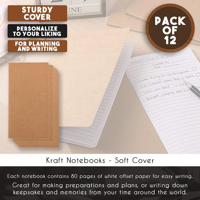 Kraft Notebook- Lined Notebook Journals, Pocket Journal for Travelers, Diary, Notes- H5 Size, Soft Cover Sewn Notebook, Brown