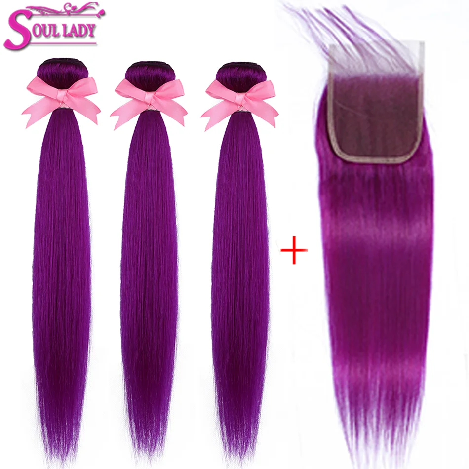 

Soul Lady Purple Bundles With Closure Pre Colored Remy Brazilian Straight Human Hair Weave Bundles With Closure Pre plucked