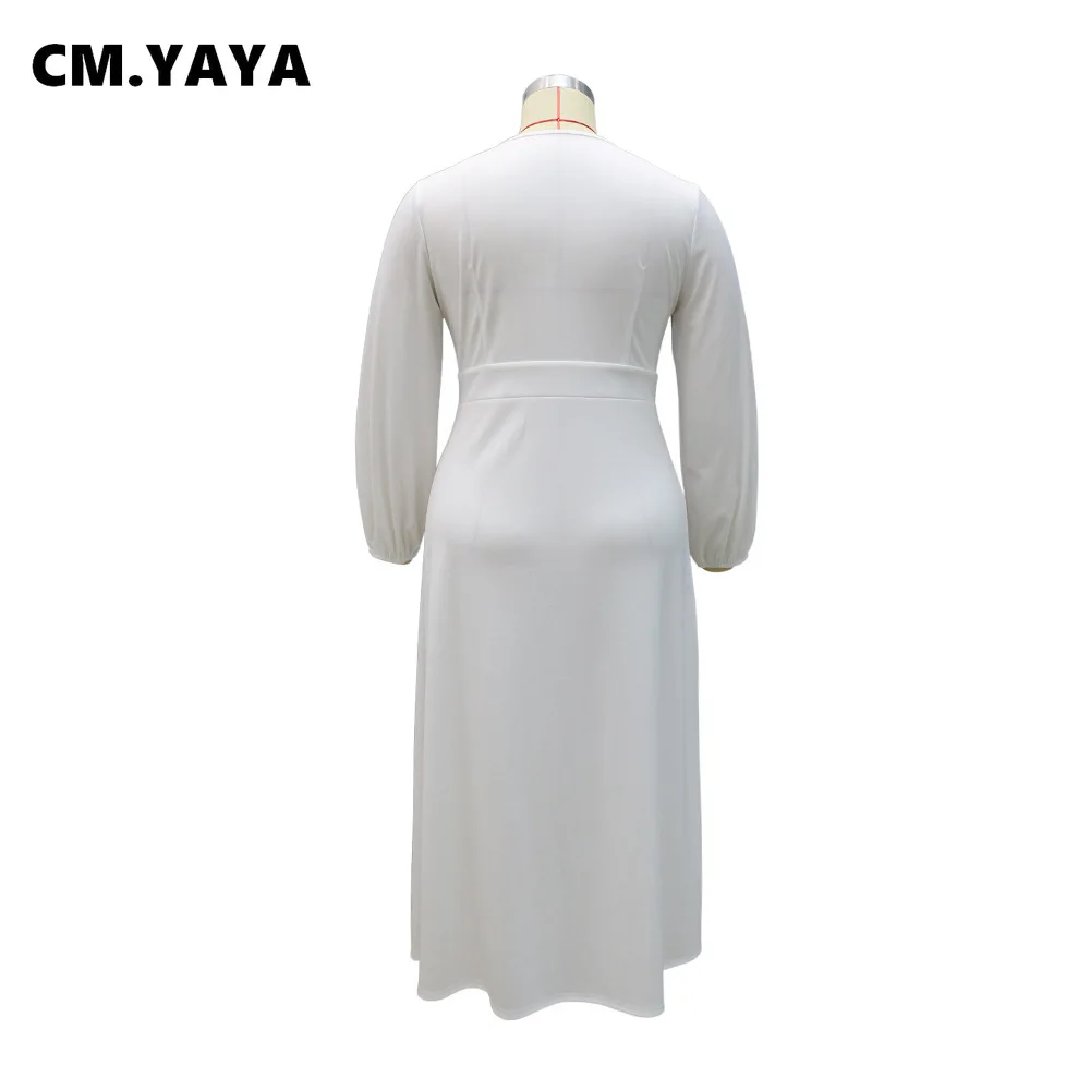 CM.YAYA Women Plus Size Dress Solid Full Lantern Sleeve V-neck