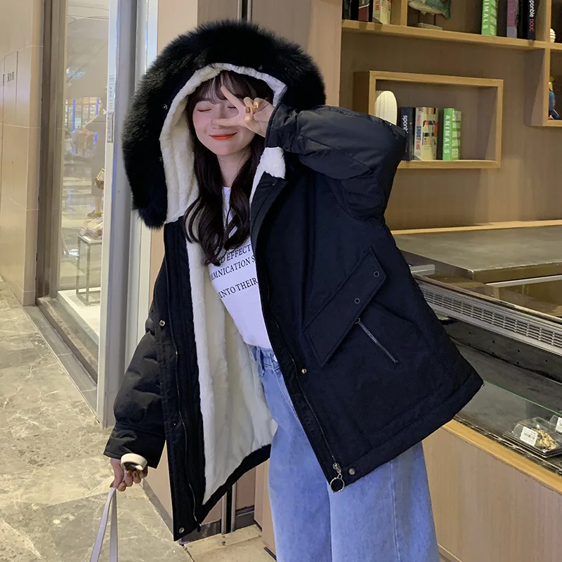 Черный Winter jacket women for women short style new Korean version of loose cotton jacket with velvet and thick cotton - Цвет: Черный