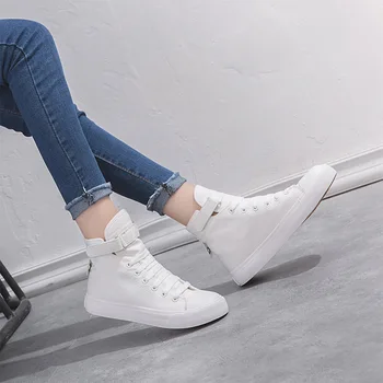 

2020 Spring Summer New Korean High-top Fashion Women's White Canvas Shoes Designer Simple Solid Color Brand Flat Casual Sneakers