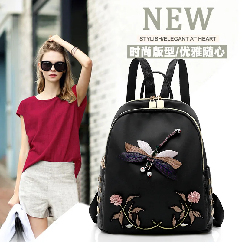 

Autumn And Winter New Style WOMEN'S Bag Fashion Dragonfly Embroidery Backpack Retro Oxford Cloth Backpack