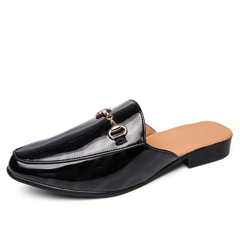 TOSJC/модные мужские полу-мокасины лакированные кожаные туфли-лодочки дышащие мужские туфли без задника легкая обувь с пряжкой повседневная обувь - Цвет: Black