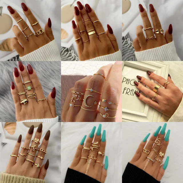 Bohemian Gold Chain Rings Set For Women Fashion Boho Coin Snake Moon Rings Party Trend Jewelry Gift 3