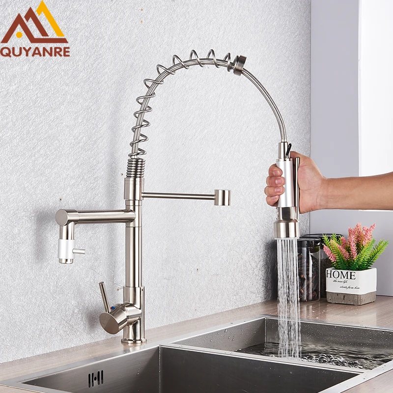  Quyanre Brushed Nickel Black Kitchen Faucet Pull-out Spray Dual Function Water Flow Swivel Spout Si - 32791806575
