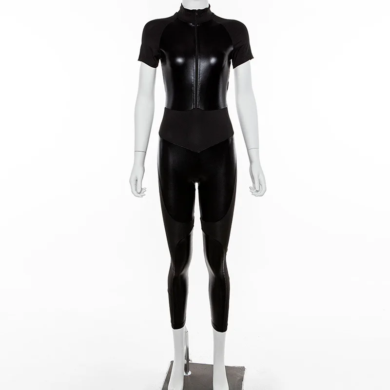 Женский кожаный лоскутный цельный Комплект для йоги, сексуальный спортивный костюм на молнии для фитнеса и йоги, одежда для спортзала, одежда для бега, тренировки, спортивная одежда
