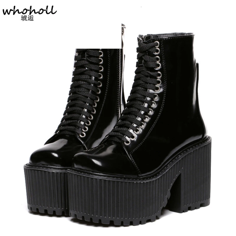 

Fashion Ankle Boots For Women Platform Shoes Punk Gothic Style Rubber Sole Lace Up Black Spring Autumn Chunky Boots Woman