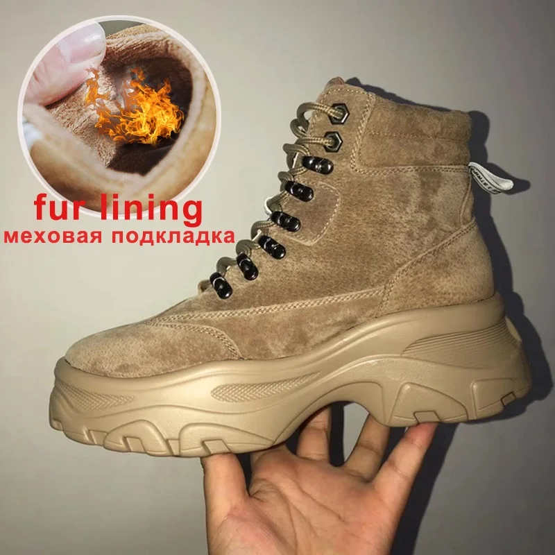 plush Brown Новинка; женские зимние ботинки из натуральной кожи; модная женская обувь на платформе с теплым мехом; коллекция года; повседневные Ботинки martin с высоким берцем в стиле ретро; botas mujer - Цвет: plush Brown