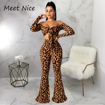 

Leopard Print Celebrity Party Two Piece Set Autumn Long Sleeve Crop Top Long Pant 2 Piece Set Women Sexy Club Outfits