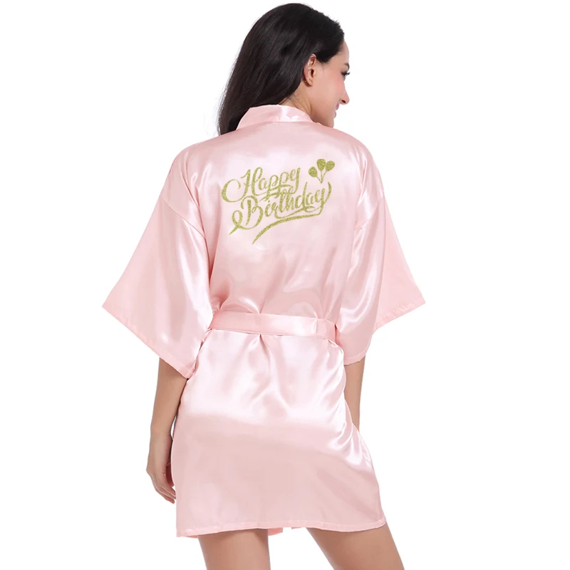 Light pink Happy Кимоно для девочки на день рождения, халат, женский шелковый халат на день рождения, сексуальные темно-синие халаты, Атласный халат, женская одежда, платья - Цвет: Light pink Happy