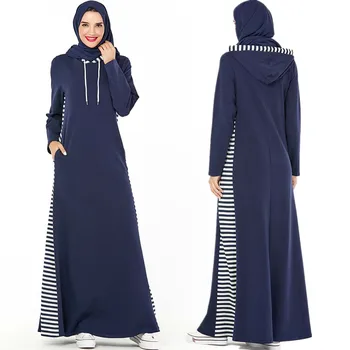 

ramadan robe Women Casual stripe patchwork Hooded Sweater Muslim hijab dress turkey arabic dubai abaya dress islamic clothing