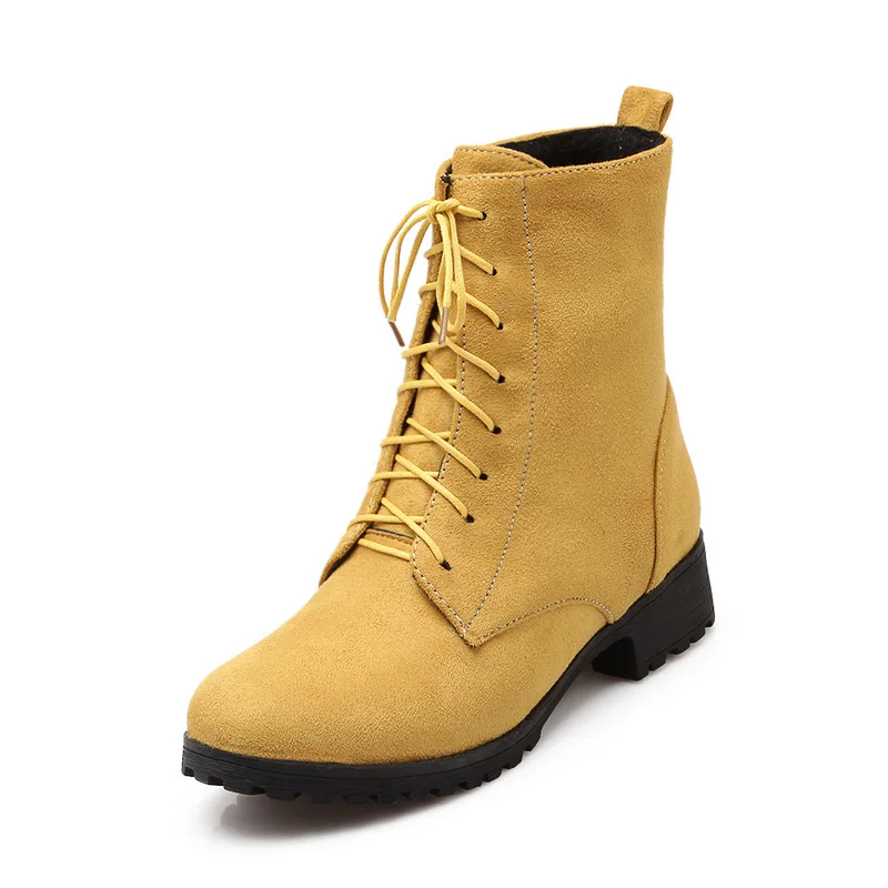 

KALENMOS Martin Boots Women Low Heel Lace Up Flock Short Boots Girls Simple Flat Autumn Winter Shoes Women Footwear Size 33-46