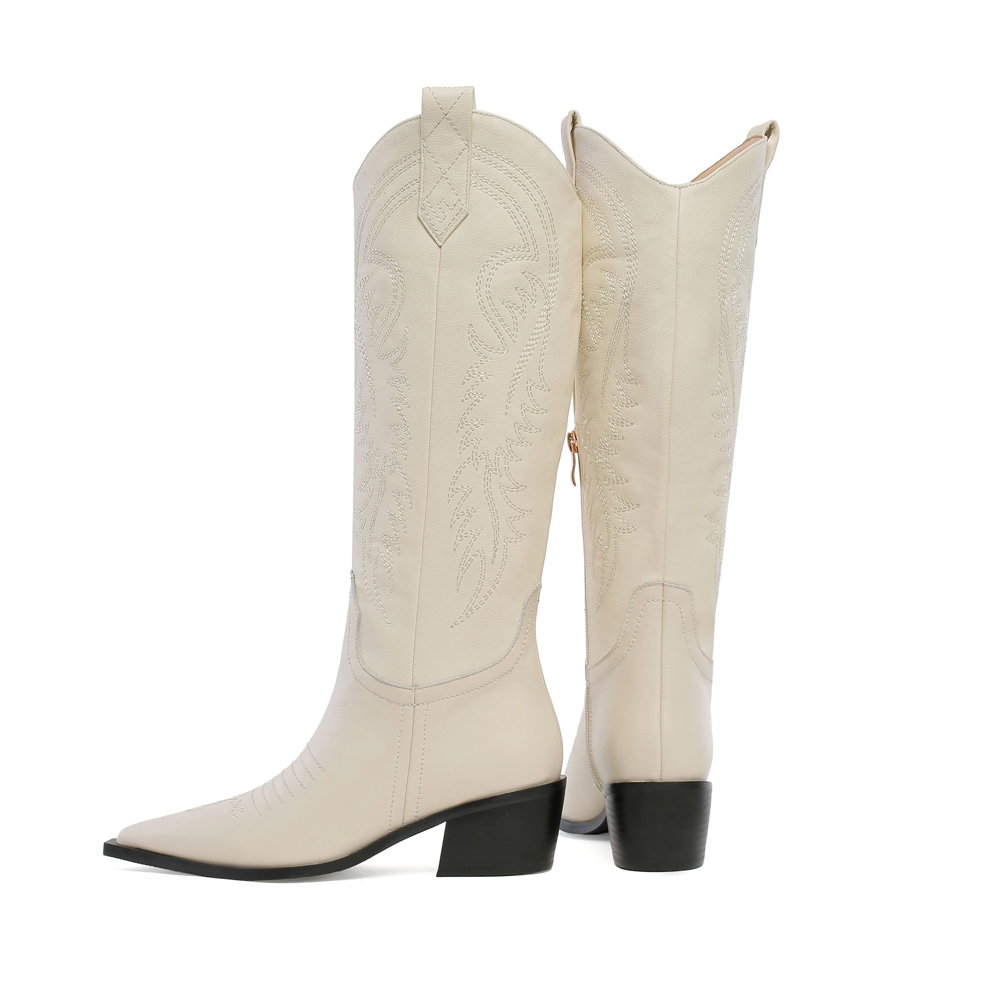 beige boots Г. Осенние ковбойские ботинки ручной работы высокого качества с вышивкой, западное Родео женские кожаные женские ковбойские ботинки женские сапоги для верховой езды до середины икры - Цвет: beige boots