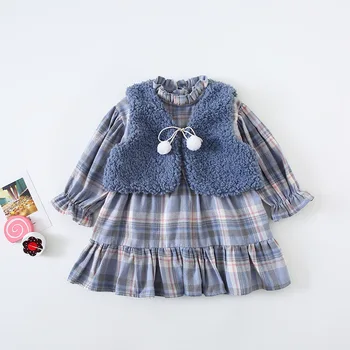 

NEW Fall Winter Kids Girls Dress+Lamb Vest Set Thick Warm Plaid Long Sleeve Baby Girls Princess Dresses Fashion Trendy Dresses