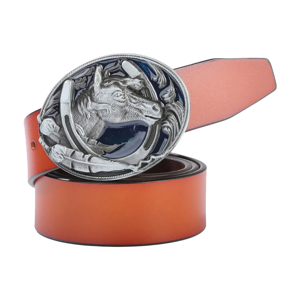 Men Western Leather Belt Rodeo Gothic Horse Head Belt Buckle Jeans Accessory