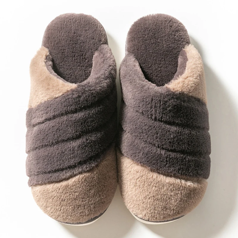 

Women Slippers with Fur Warm Plush House Slippers Woman Mixed Color Indoor Slippers Stripe Living Slippers Non-slip Ladies Shoes