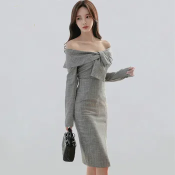 

Women Winter Sexy 2 Pieces Set 2019 New Slash Neck Off Shoulder Tops & High Waist Sheath Bodycon Pencil Skirts Suits