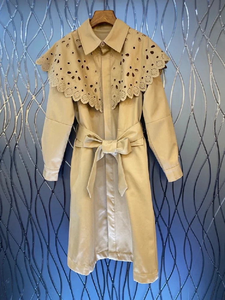 

Top Quality New Long Coats Trench 2021 Autumn Winter Cape Poncho Style Women Hollow Out Embroidery Belt Deco Casual Overcoats