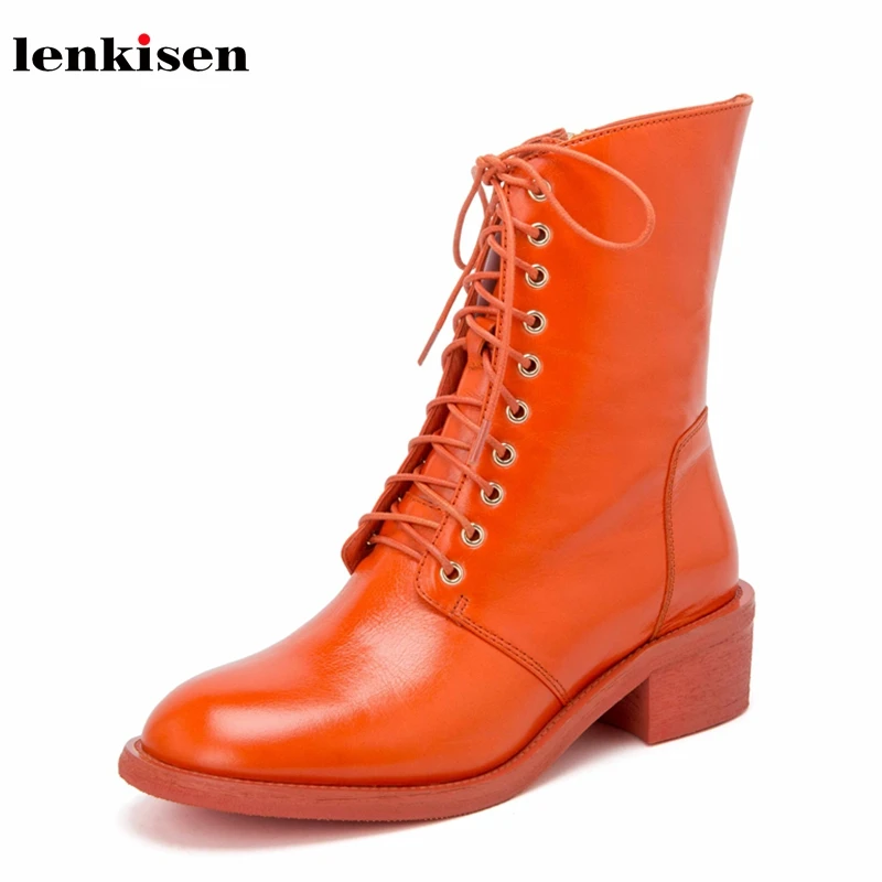 

Lenkisen high quality genuine leather soft breathable round toe lace up med heels simple winter keep warm women ankle boots L03