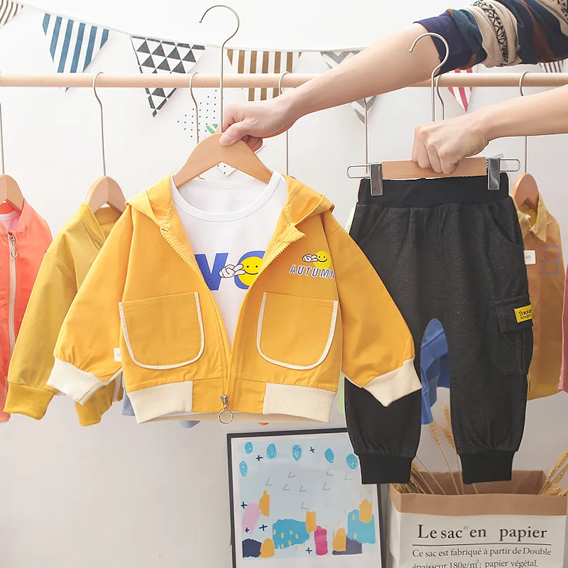 

Children New Style Spring BOY'S Casual Smiley Lettered Hooded Long-sleeved Sweater Zip-up Shirt Three-piece Set-