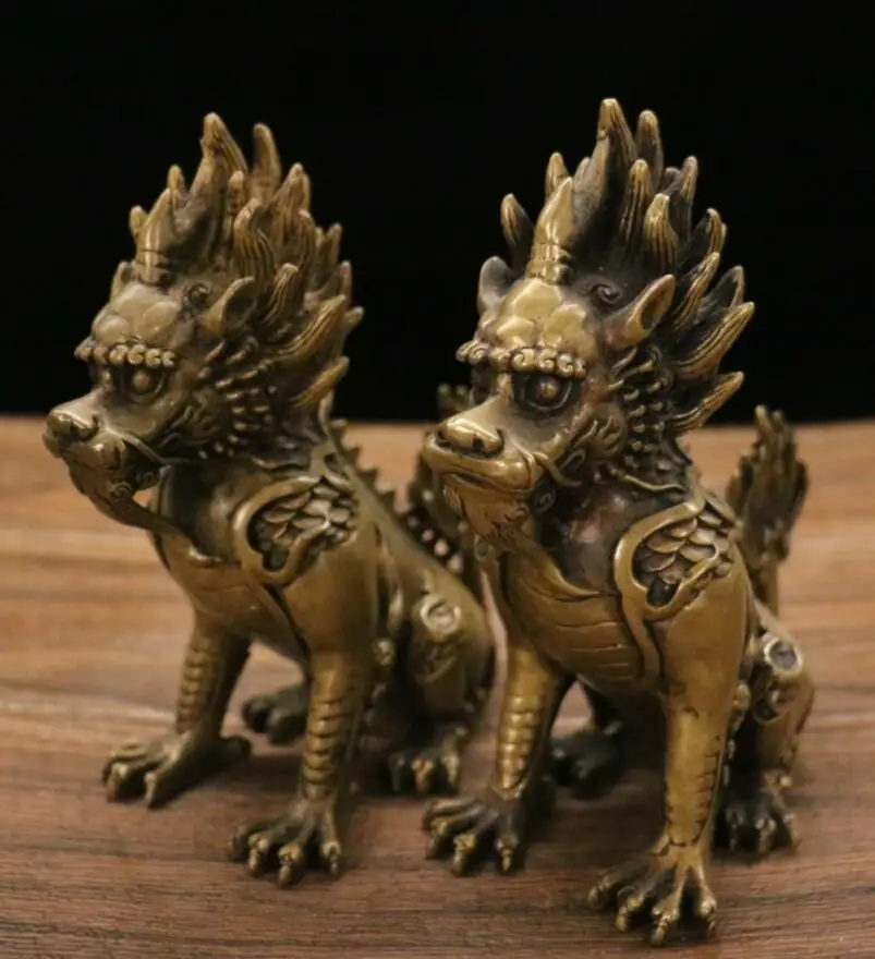 

Archaize brass Feng shui God beast kirin home decorations crafts statue A pair