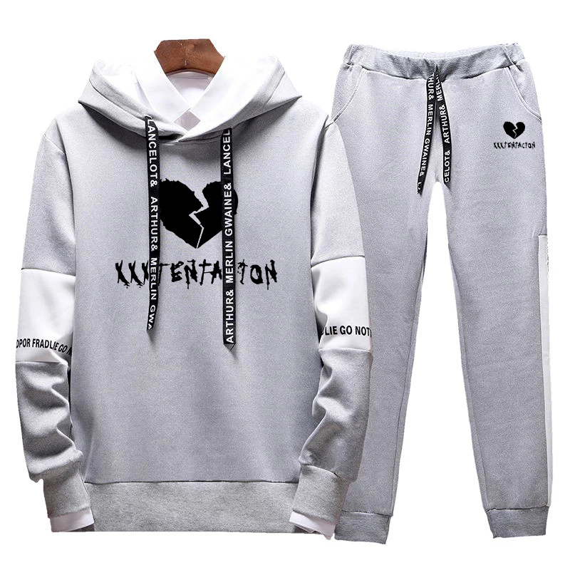 Мужская Новая повседневная толстовка в стиле хип-хоп XXXTentacion с принтом, комплект толстовки+ штаны, 2 комплекта пуловеров