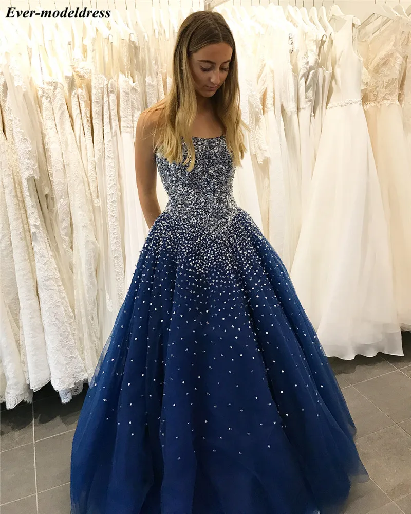 

Sparkly Royal Blue Quinceanera Dresses Strapless Sequins Beaded Lace-Up Back Graduation Prom Gowns Customized Robes De Soriee
