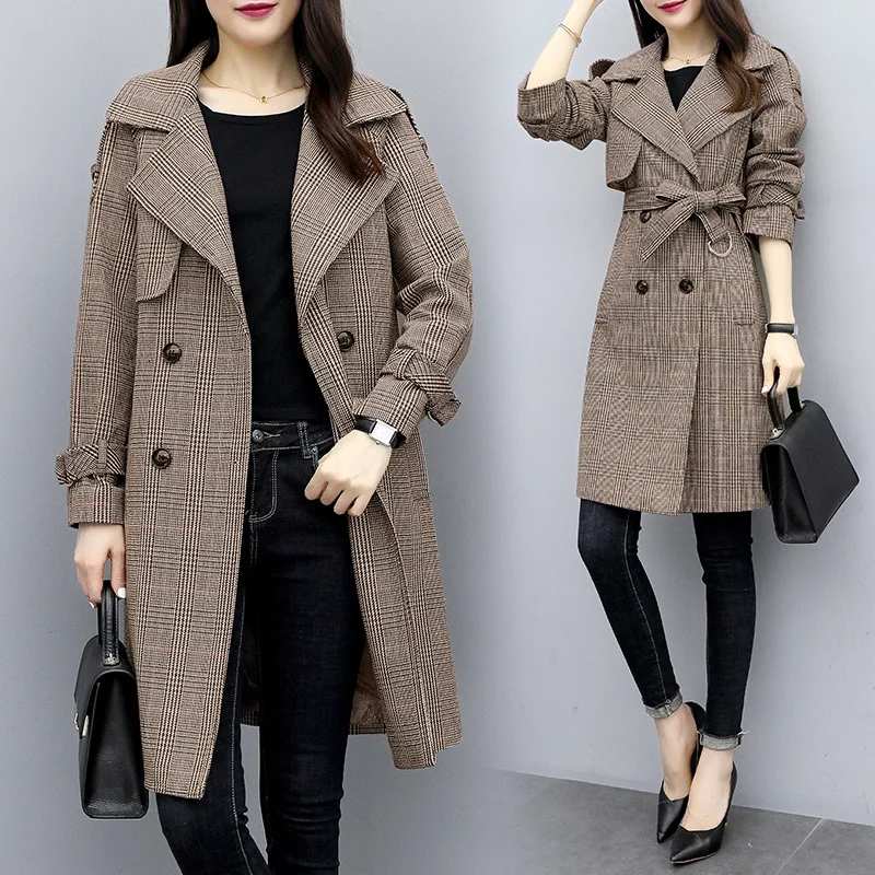 

2019 Autumn Winter Wool Women Plaid Pockets Blends Office Work Long Coats Fashion Brand Lady Slim Lapel Long Sleeve Cotton Sexy