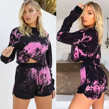 

Women Sexy Two Piece Sets Fashion O-Neck Long Sleeve Printed Crop Tops+Drawstring High Waist Hot Pants Ladies Autumn Sportsuits