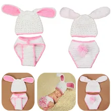 

2Pcs/Set Newborn Baby's Photography Clothes Props Handmade Knitted White Rabbit Hat And Diaper Cover Suit Photo Costume