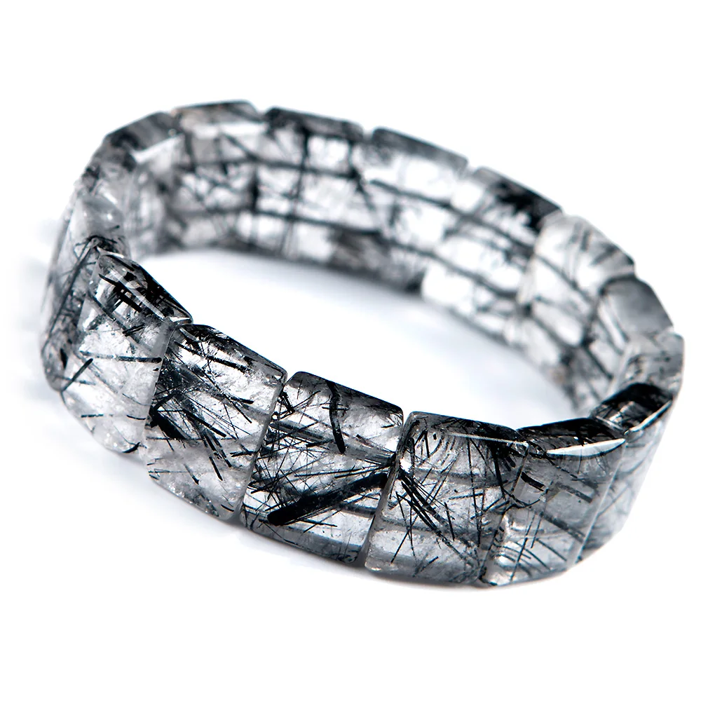 

Top Quality Natural Black Rutilated Quartz Bracelets For Women Men Stretch Crystal Rectangle Beads 18x7mm Bangle AAAAA