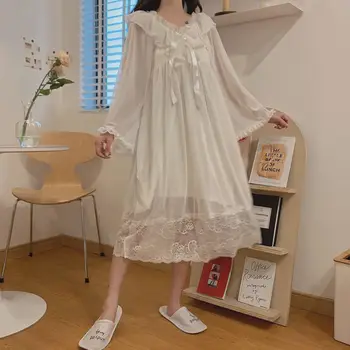 

Women Spring Summer Sweet V-Neck Nightdress Lace Ruffle Loose Super fairy Cute Bowknot Solid Color Princess Sleepwear Homewear
