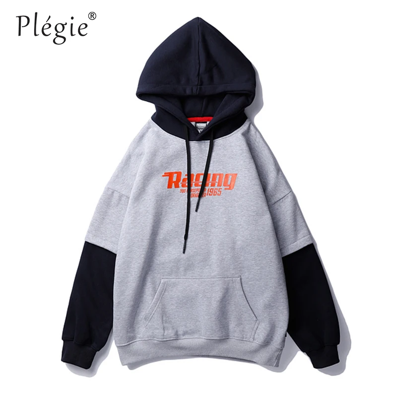 gray hoodies Plegie мужские толстовки с капюшоном с передними карманами в стиле пэчворк, Повседневный пуловер с капюшоном, имитация двух частей, уличная одежда унисекс, флисовые толстовки - Цвет: gray hoodies