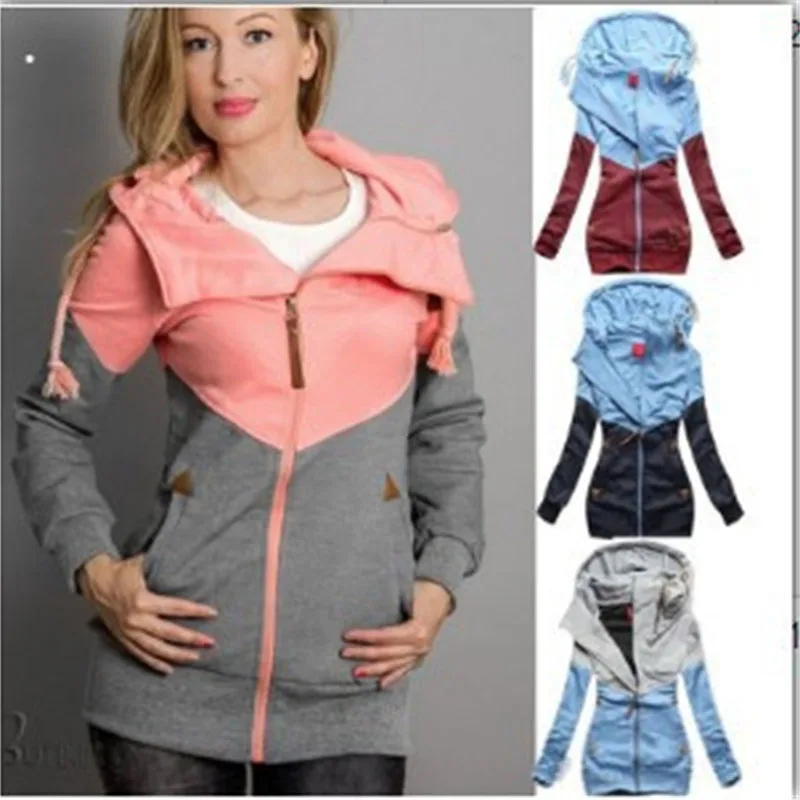  Hoodies Women Personality Zipper Patchwork Korean Kawaii Hooded Sweatshirt Long Sleeved Plus Velvet