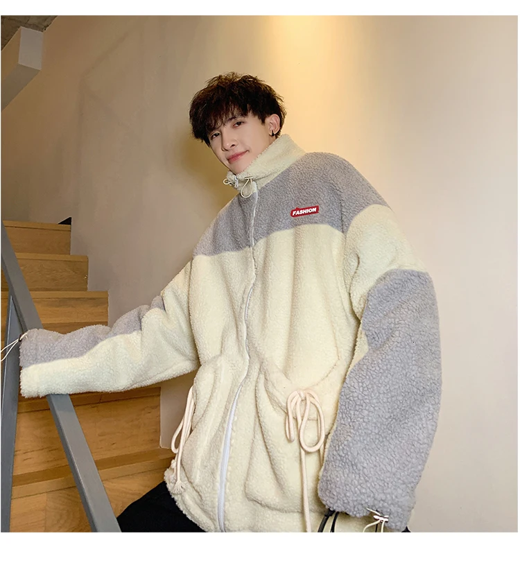 Winter new collection of patchwork printed thick and fleecy hooded padded clothes loose casual personality youth men's wear