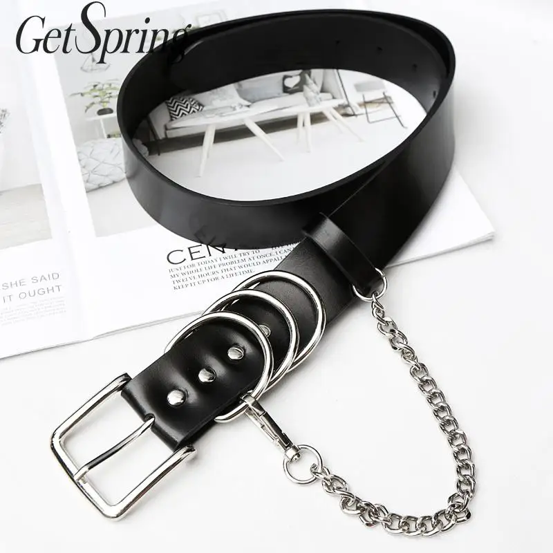 

GetSpring Women Belt Black Cowhide Waist Belt Multi Metal Chain Woman Belts All Match Mens Belts Fashion Leather Waistband 2019