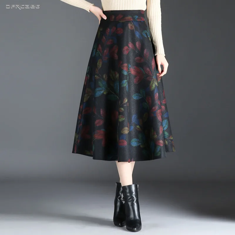 

Plus Size Vintage Froal Print Wool Women A-Line Skirt Winter 2019 High Waist Casual Saia Ladies Woolen Warm Pleated Maxi Skirt