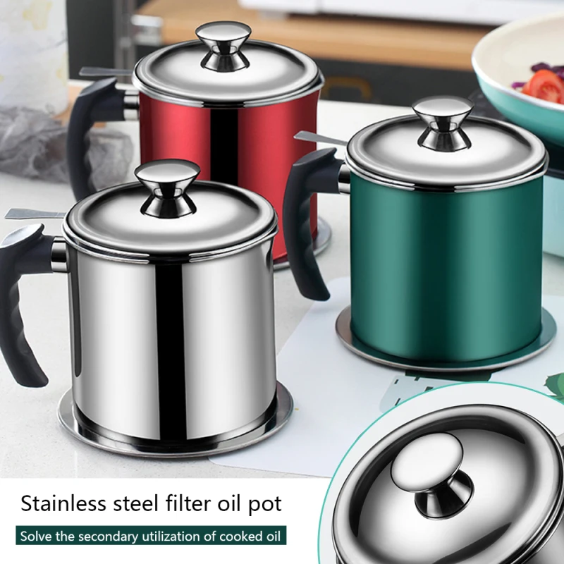 1.2L Kitchen Cooking Oil Filter Pot Soup Grease Stainless Steel Strainer Separator