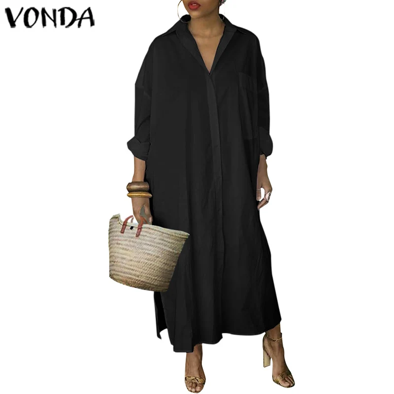 VONDA/женское платье с длинными рукавами и пуговицами, с отворотами, сексуальное Клубное платье, весенне-летний сарафан, Повседневное платье до середины икры, Vestido, большие размеры - Цвет: Black