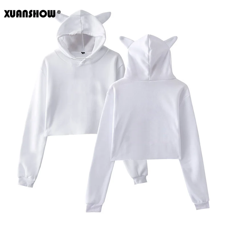 White XUANSHOW сексуальный короткий Милый Толстовки женские Толстовки Длинный рукав BlackPink Kpop одежда Толстовка с капюшоном - Цвет: White