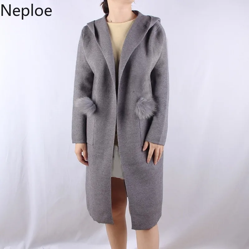Neploe Loose Simple Knit Cardigans Women Autumn Winter Long Sweater Long Sleeve Solid Coat Hooded Pocket Pull Femme 46919