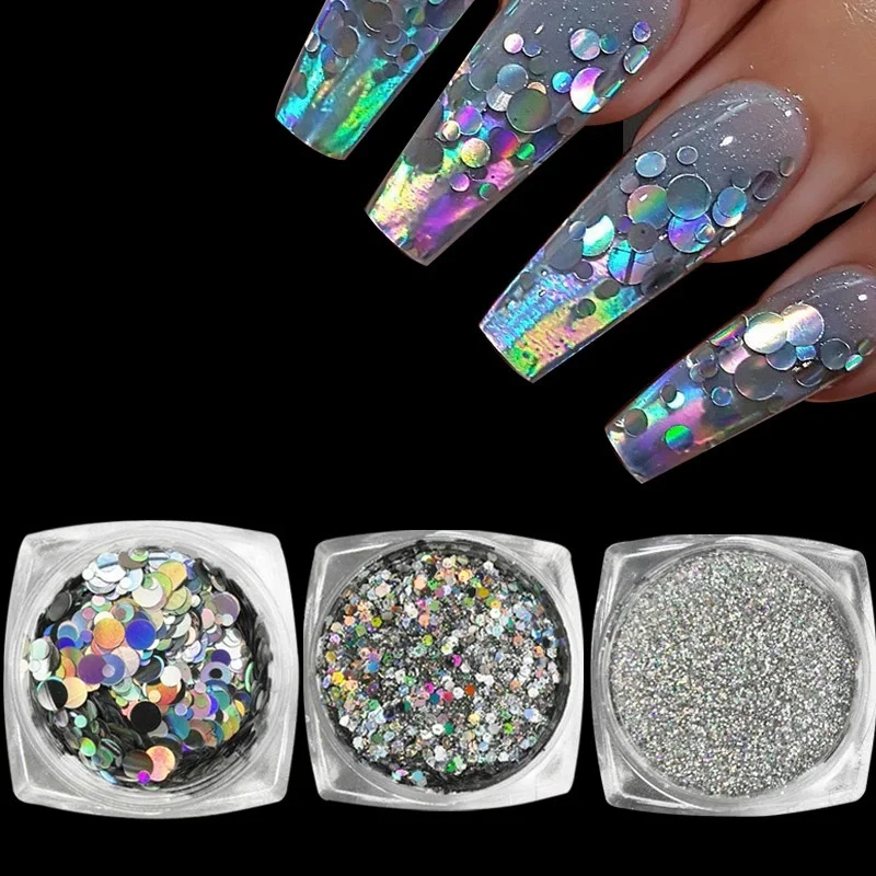 

4pcs Holographic Silver Nail Glitter Nails Powder Laser Sparkly Manicure Flakes Dazzling Paillette Nail Art Decorations Set