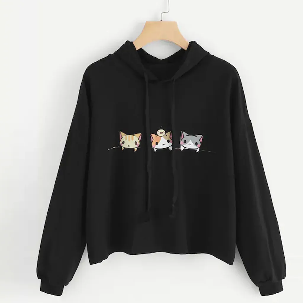 

Cute Cartoon Women Short Hoodies Fall Long Sleeve Casual Sweatshirts Teen Girls Autumn Hooded Pullovers Tops Sweet Short Blouse