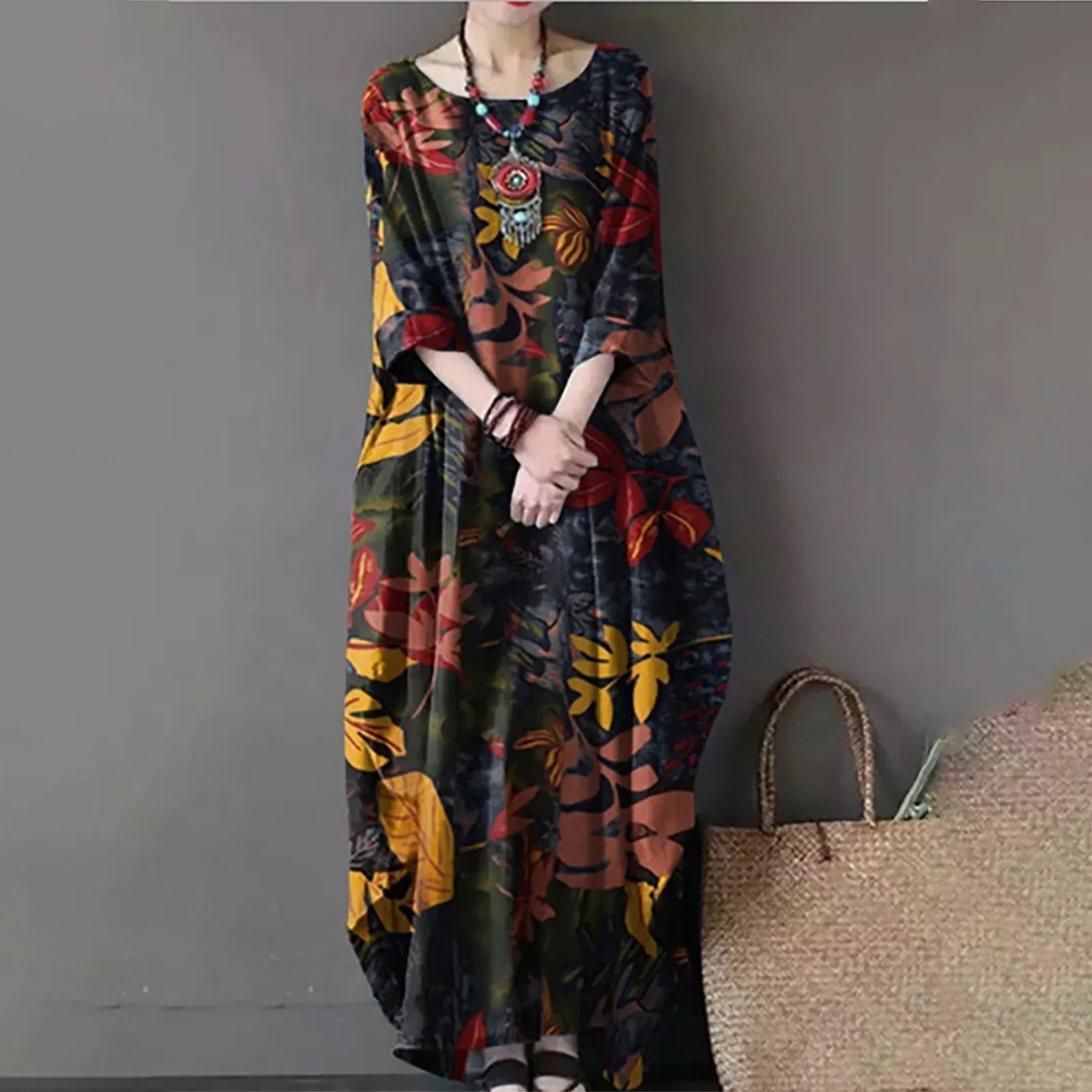 2021 Dress Retro Round Neck Pullover Print Seven-Point Sleeve Loose long dress Women Vintage Printed Dresses Vestidos Женский 1