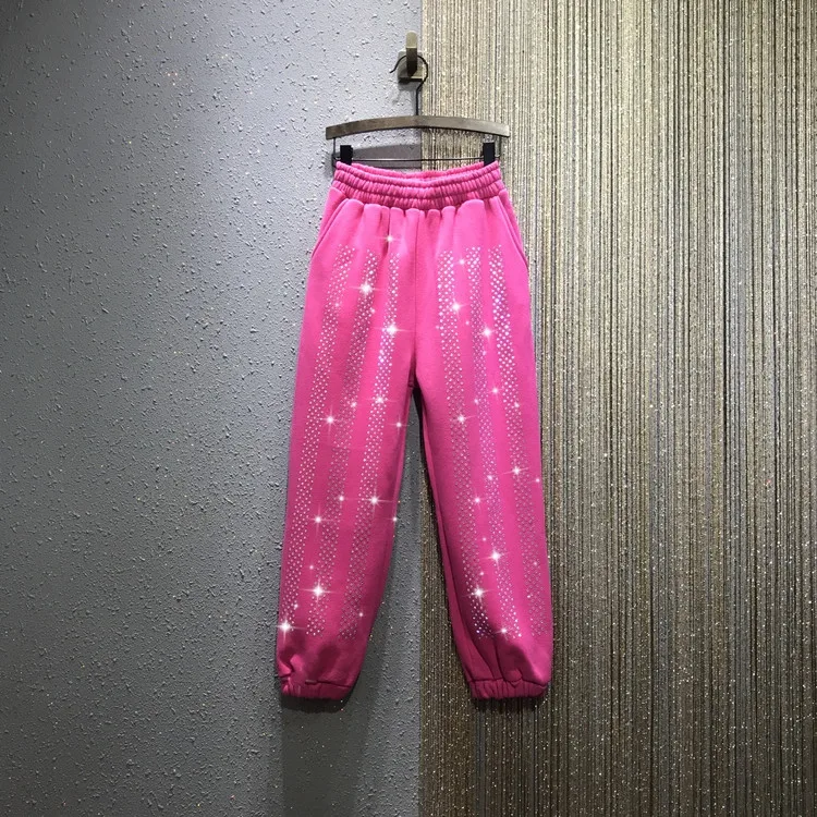 

European Style Loose Pants Women 2020 New Spring Winter Vertical Striped Rhinestone Elastic-Waist Plus Velvet Thick Warm Pants
